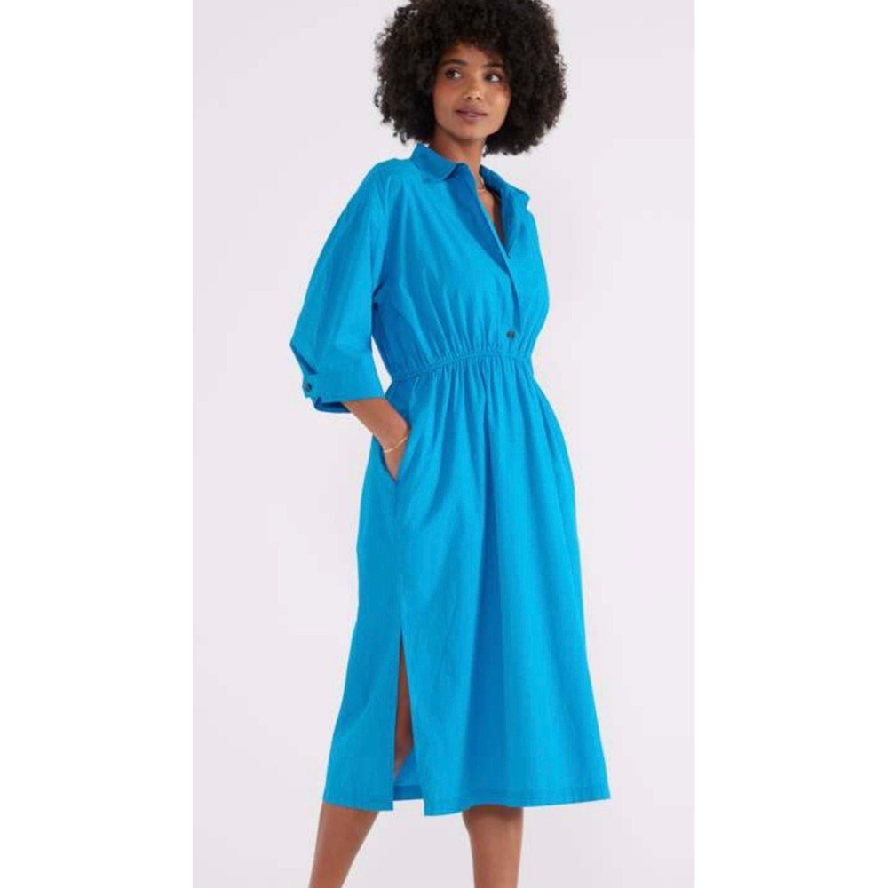 Etica Organic Cotton Tina Midi Shirt Dress Blue Elastic Waist Pockets size S